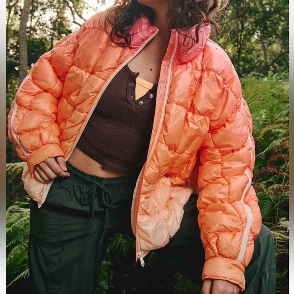 Free People Orange and Pink Puffer Jacket
